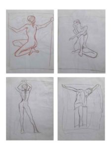 exercices de croquis de femme nue en mouvement au fusain et sanguine