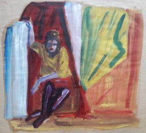 Peinture à l'huile sur kraft d'une femme assise, tête baissée, bras accroché sur support haut, forts contrastes