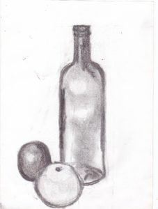 Dessin au fusain de bouteille vide et fruits