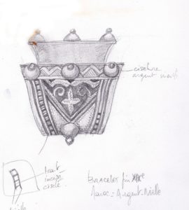 Croquis crayon au musée d'un bracelet marocain argent et nielle, de la fin du 19e s