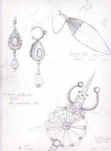 Planche de croquis de 3 bijoux marocains anciens sur A4, fait au musée