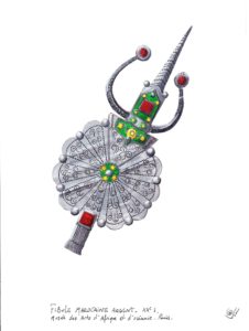 Gouaché d'une fibule marocaine en argent et émail d'aprés un croquis au musée Arts d'Afrique et d'Océanie