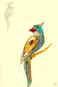 Gouaché d'un oiseau joallerie or serti et pavé de turquoises, topaze, rubis, saphirs, émeraude et diamants
