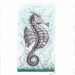 Hippocampe en gravure taille douce et aquarelle d'aprés un dessin original de Michel Lasnier