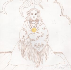 Dessin calque préparatoire de l'enfant sur future oeuvre pour definir taille du médaillon